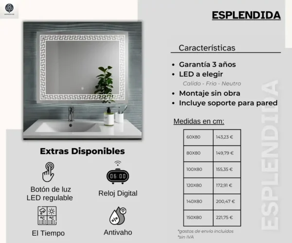 005 Espejo cuadrado rectangular con luz led para baño Esplendida