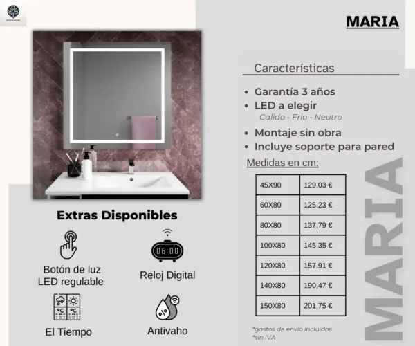 007 Espejo cuadrado rectangular con luz led para baño Maria