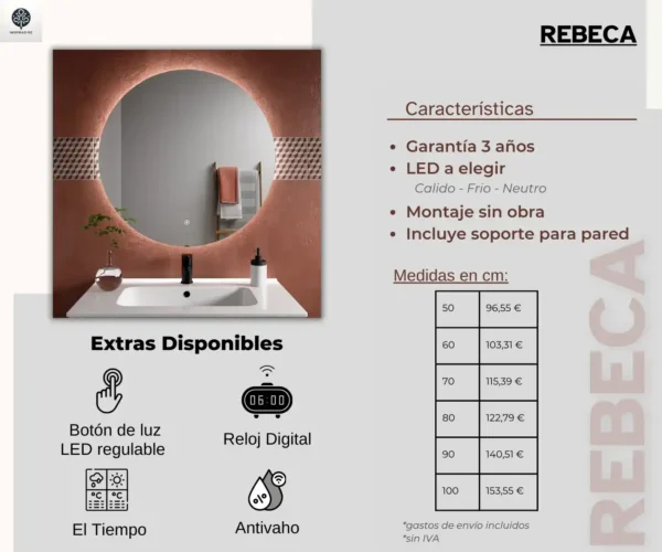 012 Espejo redondo retroiluminado con luz led para baño Rebeca