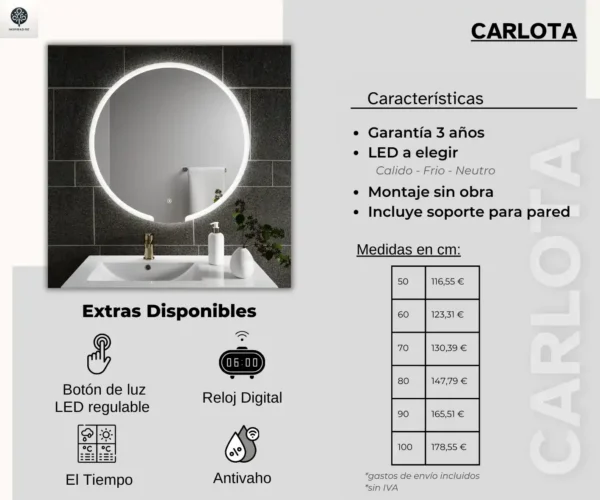 014 Espejo redondo Carlota con luz led para baño