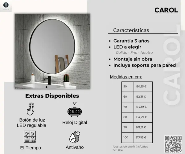 015 Espejo circular retroiluminado para baño con luz led Carol