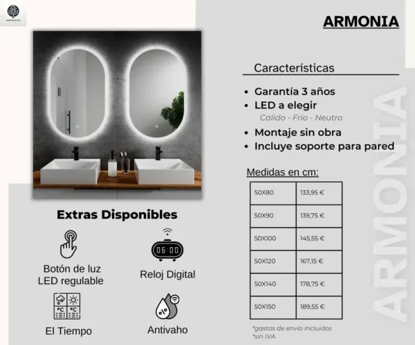 Espejo ovalado vertical retroiluminado con luz led para baño Armonia