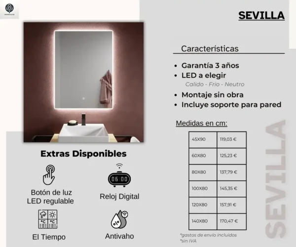 022 Espejo rectangular vertical para baño con luz led Sevilla