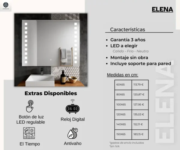 035 Espejo rectangular con luz led para baño Elena