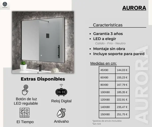 040 Espejo rectangular cuadrado con luz led retroiluminado Aurora